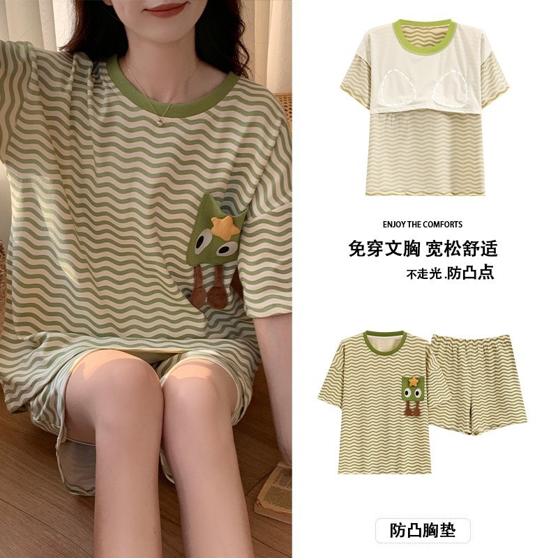 一体式带胸垫睡衣女夏季短袖短裤韩版卡通可爱甜美少女休闲家居服