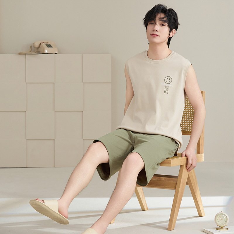 睡衣男士夏季纯棉薄款背心无袖坎肩短裤可外穿休闲家居服大码套装