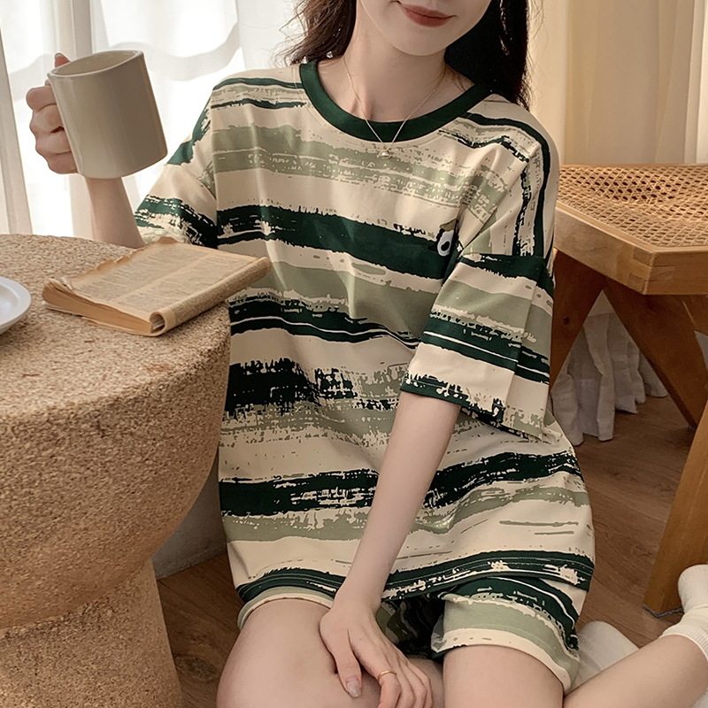 条纹睡衣女款夏季天短袖薄款小清新可爱少女士家居服两件套装跨境