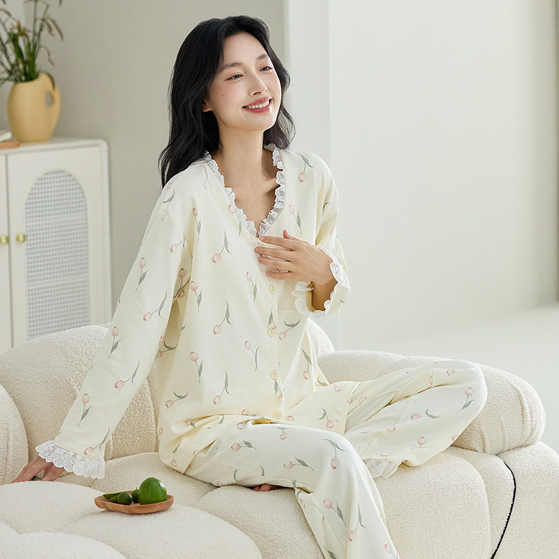 睡衣女春秋季开衫纯棉长袖长裤蕾丝甜美可爱可外穿女士家居服套装