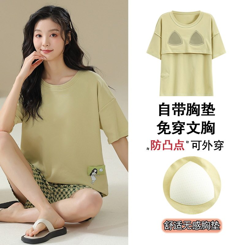 新款纯棉睡衣女士春夏季带胸垫薄款短袖短裤春秋款休闲家居服套装