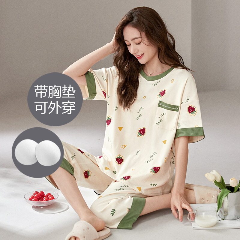 韩式春夏季新款纯棉睡衣家居服女圆领套头休闲舒适七分裤睡衣套装