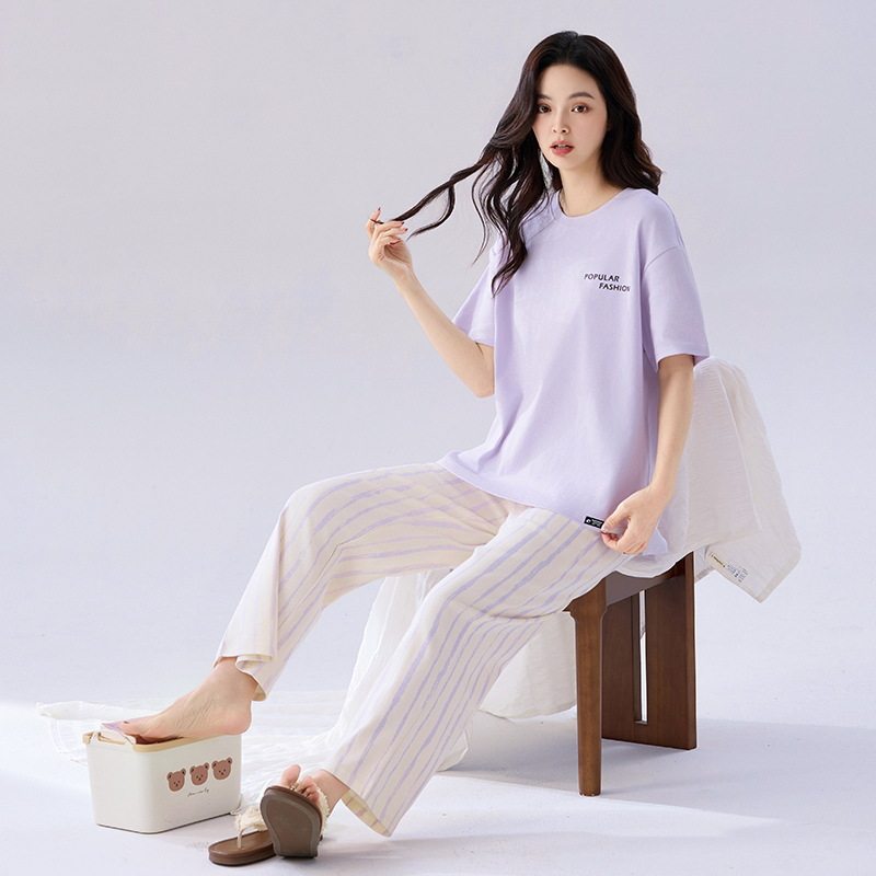 纯棉睡衣女春夏薄款短袖长裤家居服夏季2026新款夏天简约大码套装