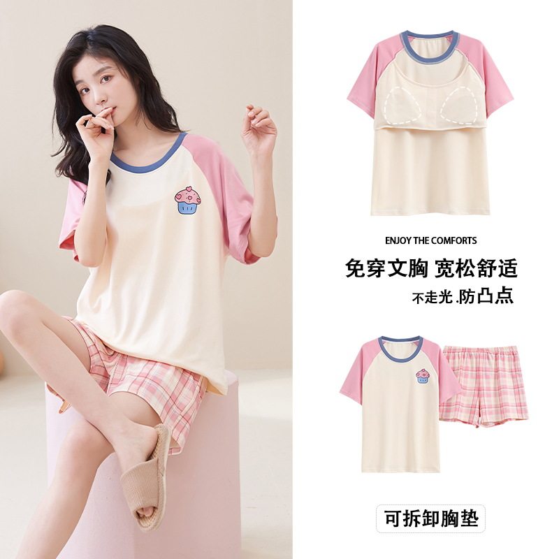 纯棉睡衣女夏季新款套头薄款带胸垫短袖短裤宽松休闲运动家居服女