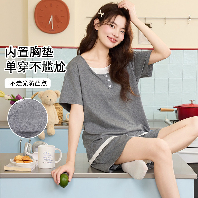 带胸垫睡衣女夏季纯棉短袖短裤夏天女生全棉简约家居服套装可外穿