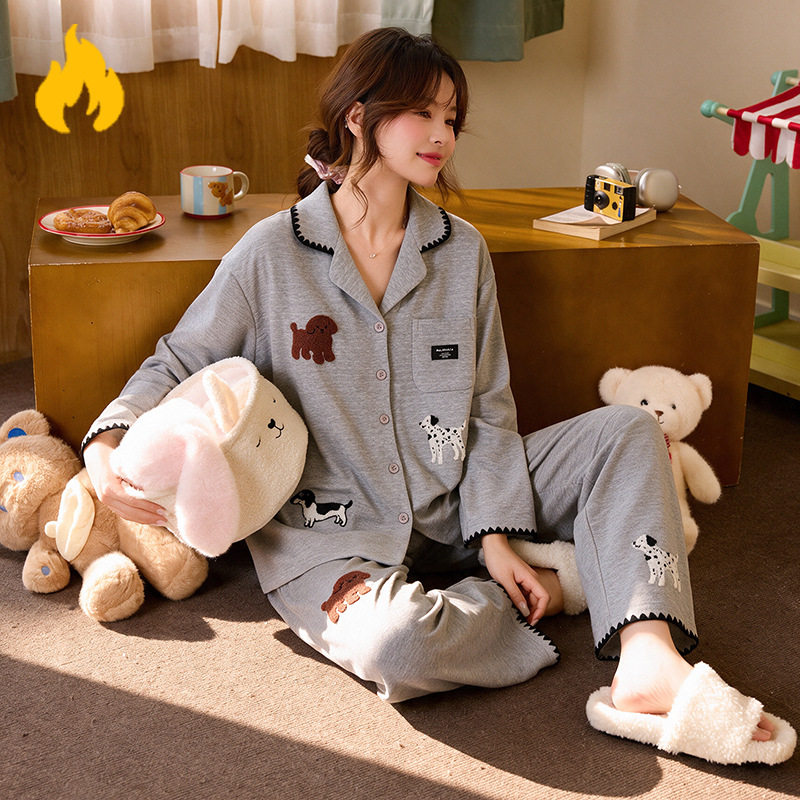 秋冬德绒双面绒可爱卡通开衫翻领睡衣女保暖休闲宽松家居服两件套