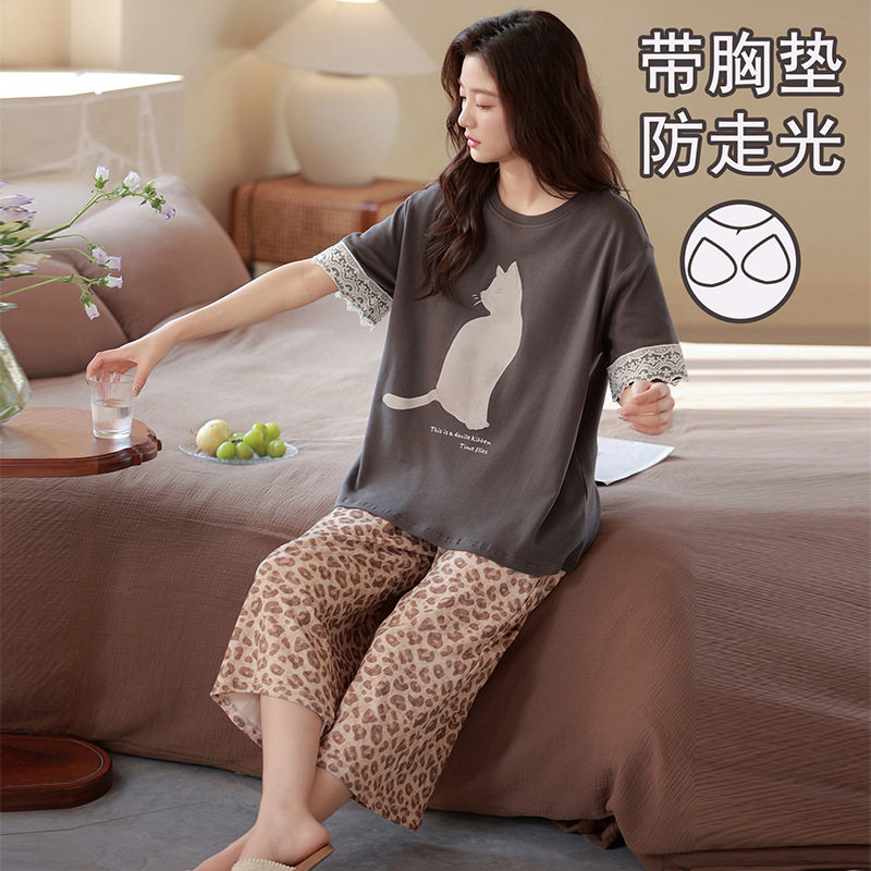纯棉睡衣女夏季带胸垫薄款短袖七分裤可爱甜美凉感家居服休闲套装