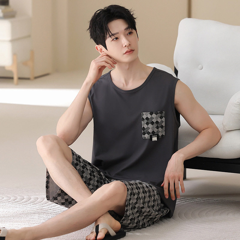 夏季睡衣男士莱赛尔棉背心薄款无袖夏天可外穿男款休闲家居服套装