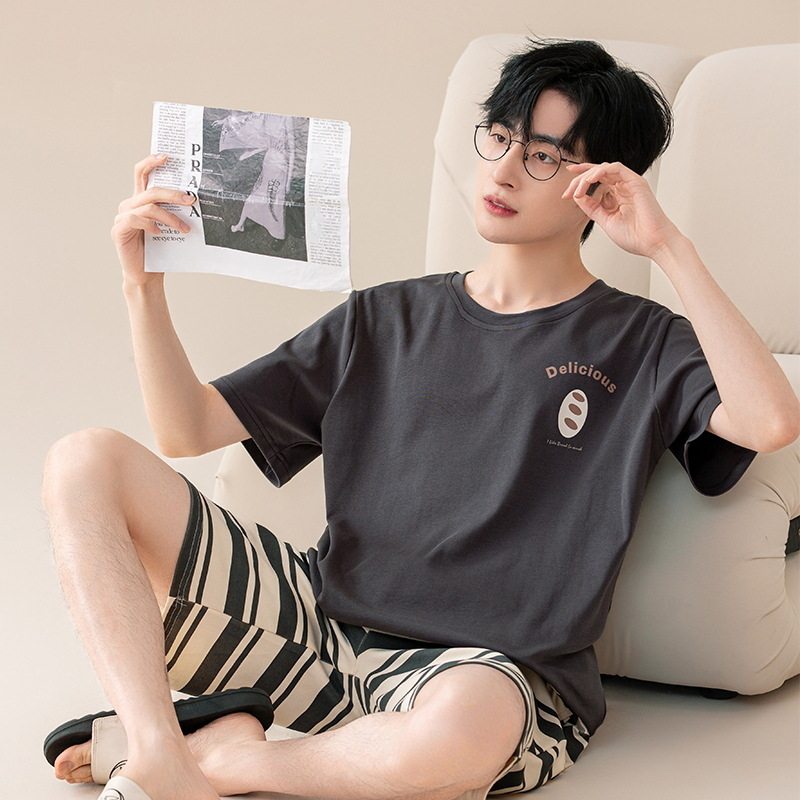 新款夏季纯棉短袖短裤睡衣男条纹简约薄款休闲可外穿家居服套装