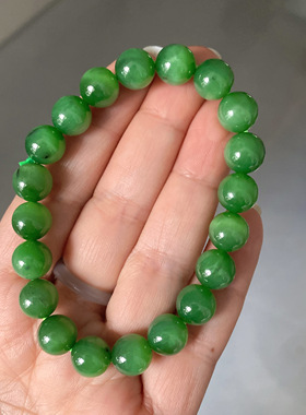 俄罗斯碧玉猫眼手串和田玉辣阳绿手链卡10经典男女款圆珠单圈手串