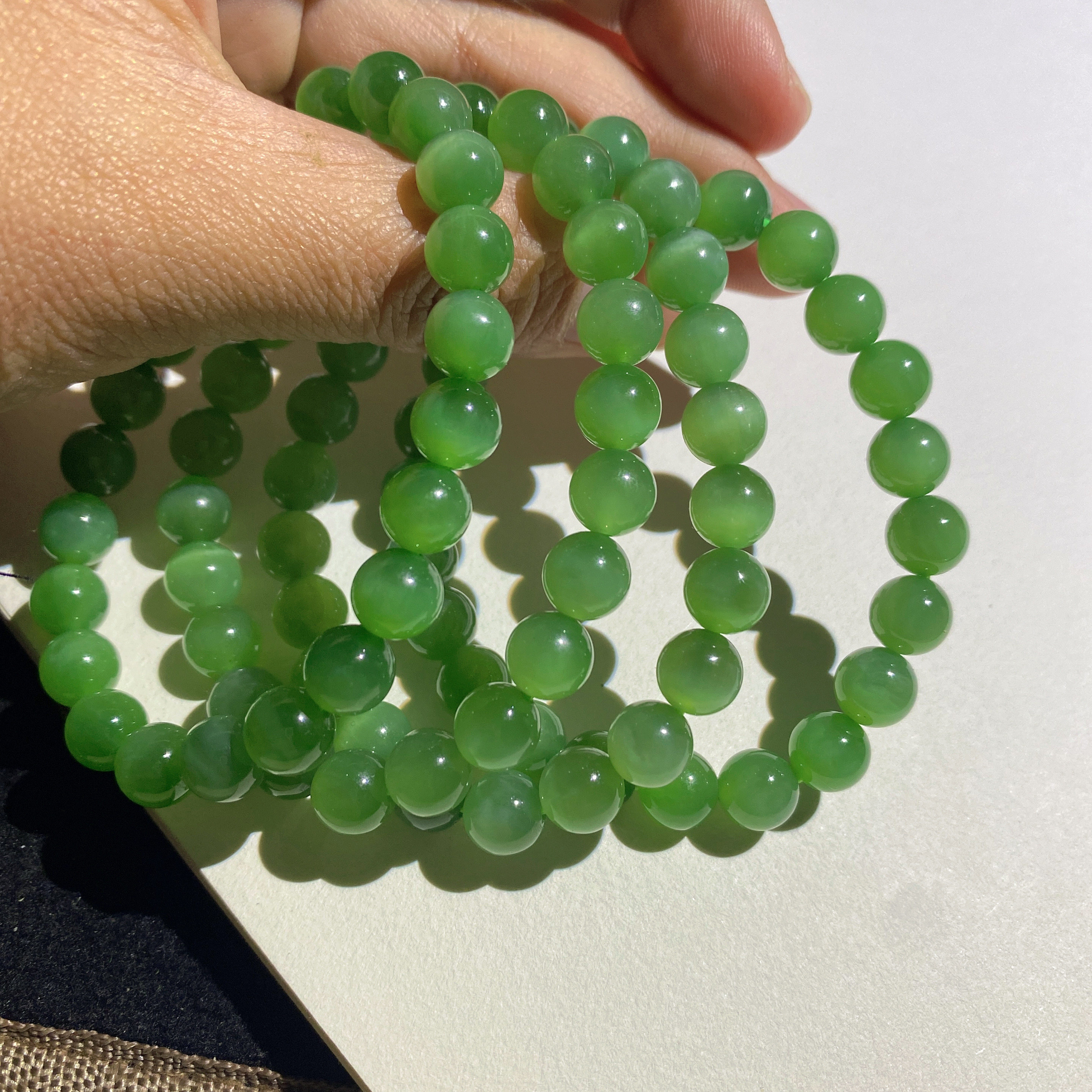 和田玉碧玉冰底粉绿猫眼圆珠8mm手链单圈手串百搭经典时尚男女款