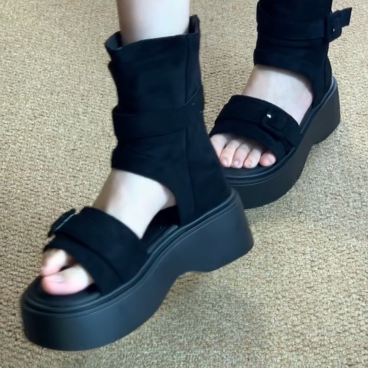 羊皮版~韩版厚底罗马凉靴女夏季外穿时尚黑色百搭后拉链短靴增高