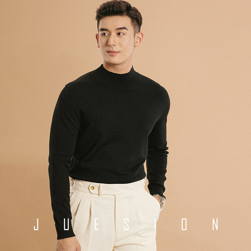 【可机洗羊毛衫】半高领毛衣男商务休闲套头打底衫白色保暖毛线衣