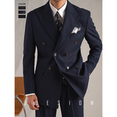 意式 藏青色双排扣西服套装 男戗驳领商务正装 JUESION 春秋款 两件套