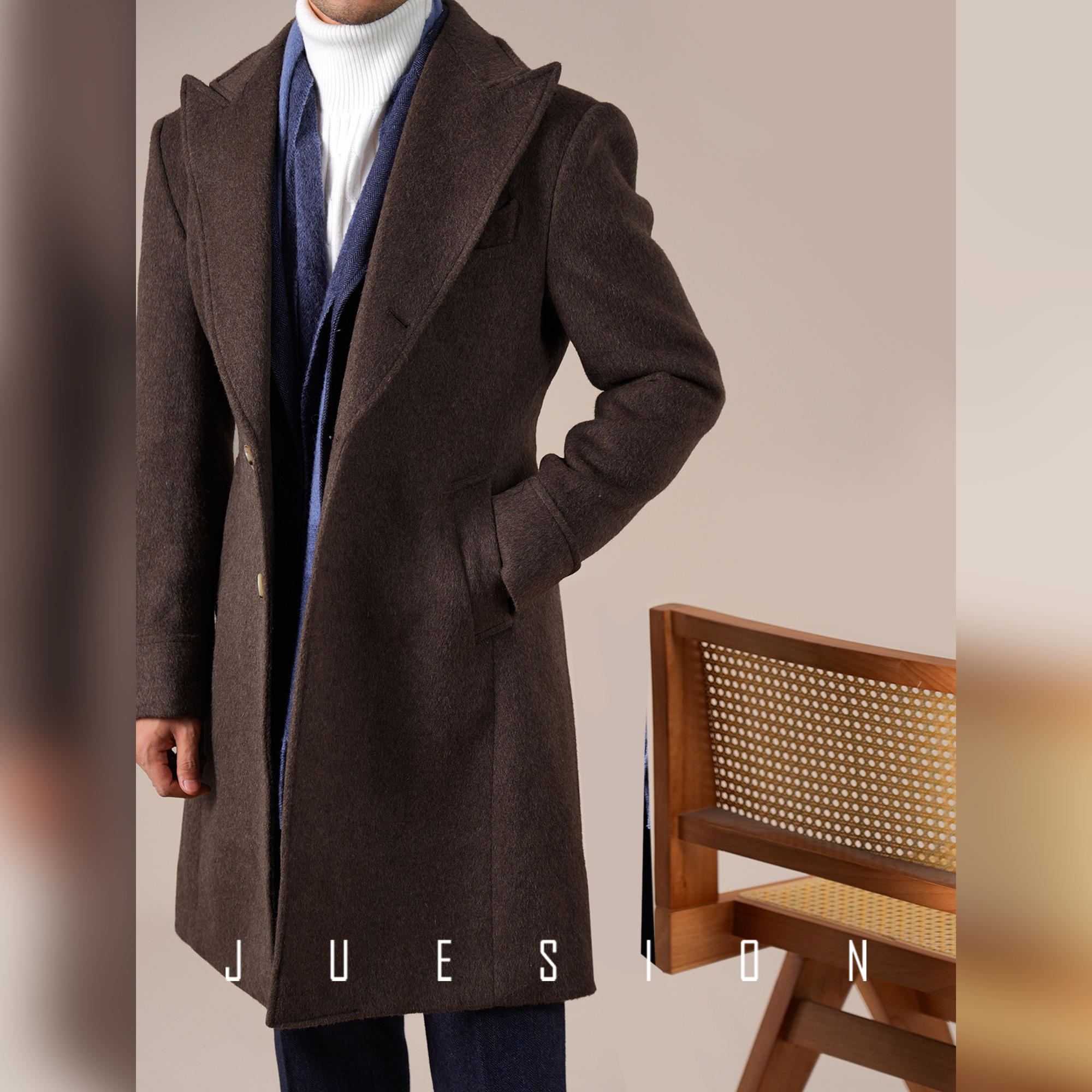 JUESION 戗驳领柴斯特大衣男秋冬季单排扣中长款商务休闲复古外套