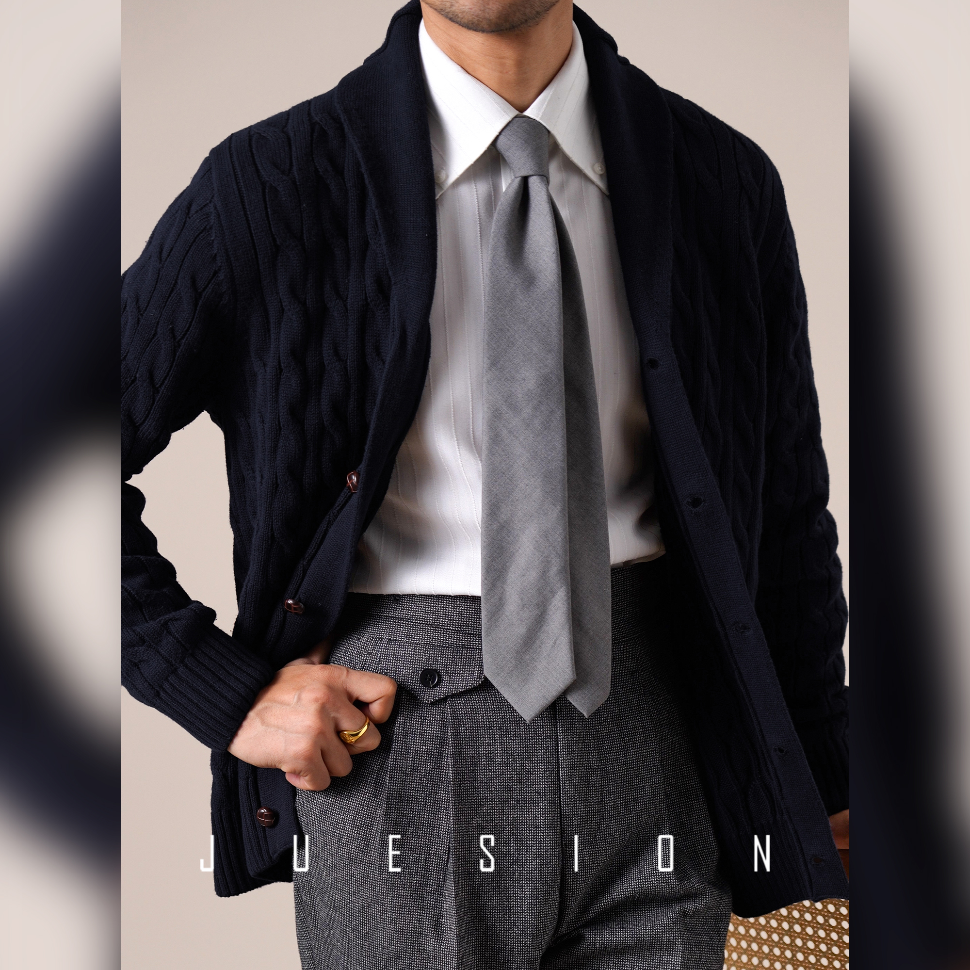 纯棉青果领毛衣男绞花秋冬季