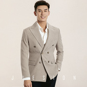 男卡其色条纹西服商务休闲新郎结婚礼服单西上衣 套装 JUESION 西装