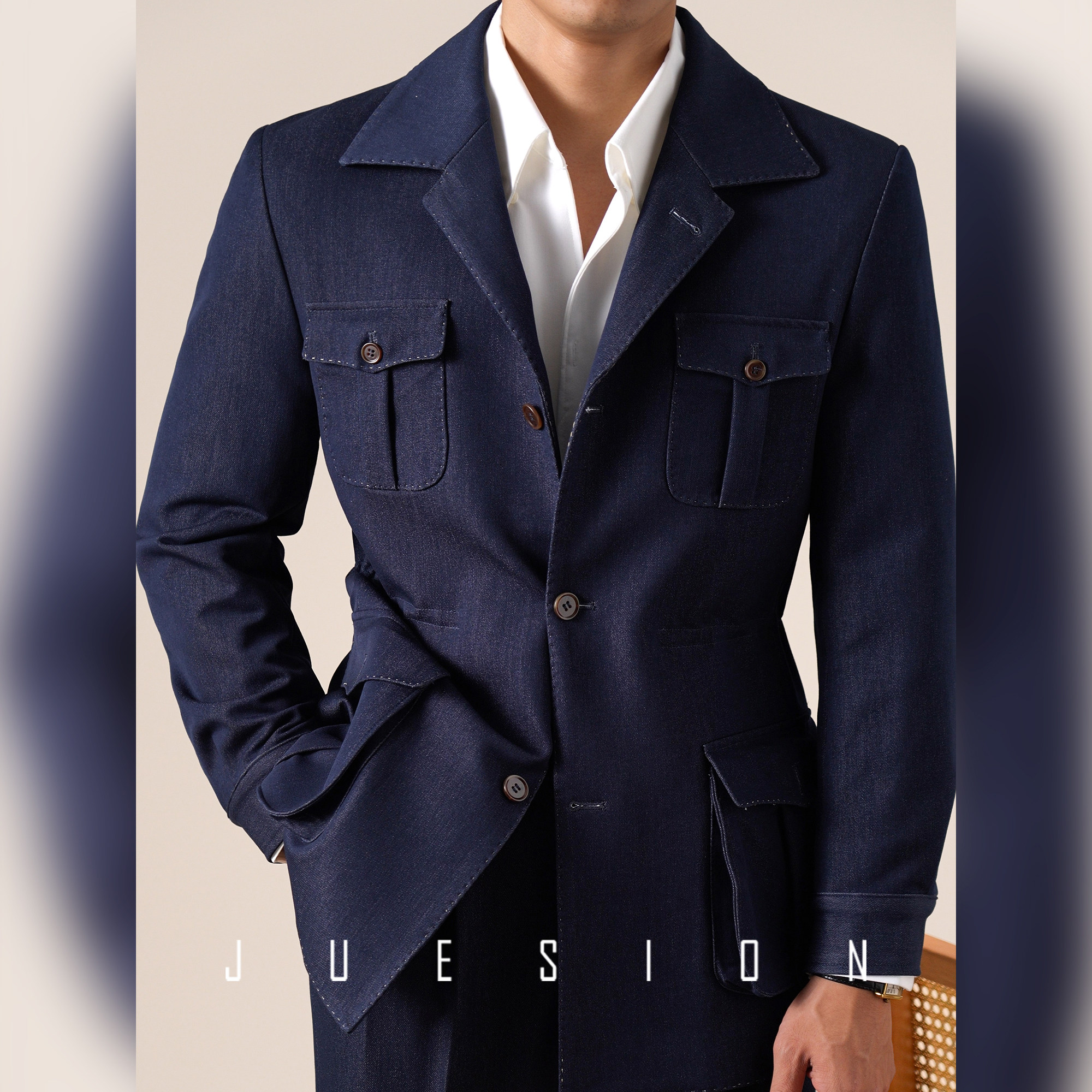 JUESION 意式牛仔夹克外套男秋季经典款修身翻领猎装休闲商务外套,男装,夹克,淘宝优惠券,粉丝福利购,淘宝优惠卷