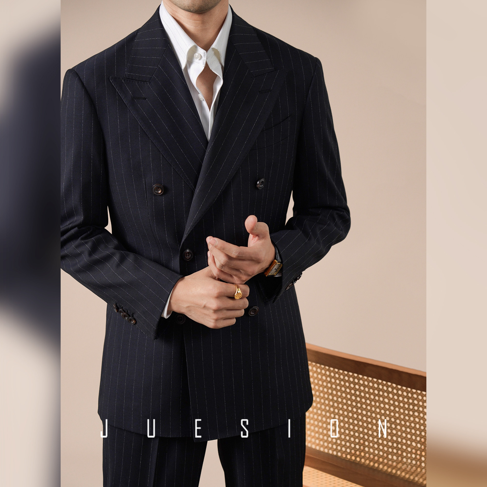 JUESION 色纺双排扣西服套装男商务休闲宴会装礼服戗驳领西装外套