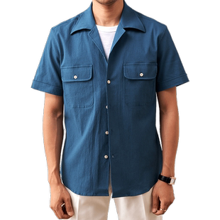 JUESION 97%新疆棉 古巴领衬衫男短袖夏季薄款宽松商务休闲衬衣