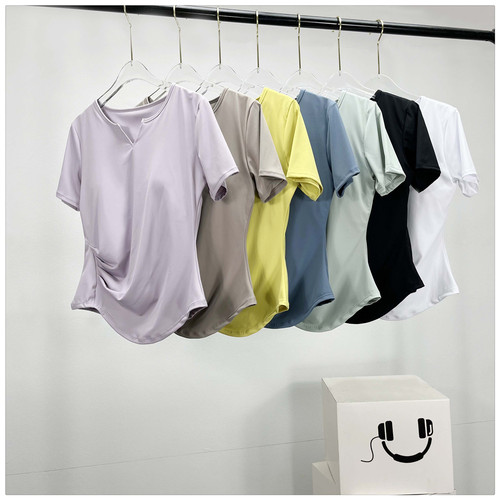 含胸垫V领裸感瑜伽T恤