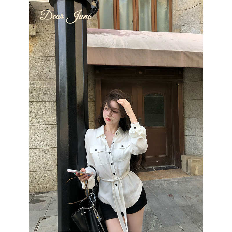DearJune 韩版POLO领长袖衬衫收腰系带中长款上衣气质百搭设计感