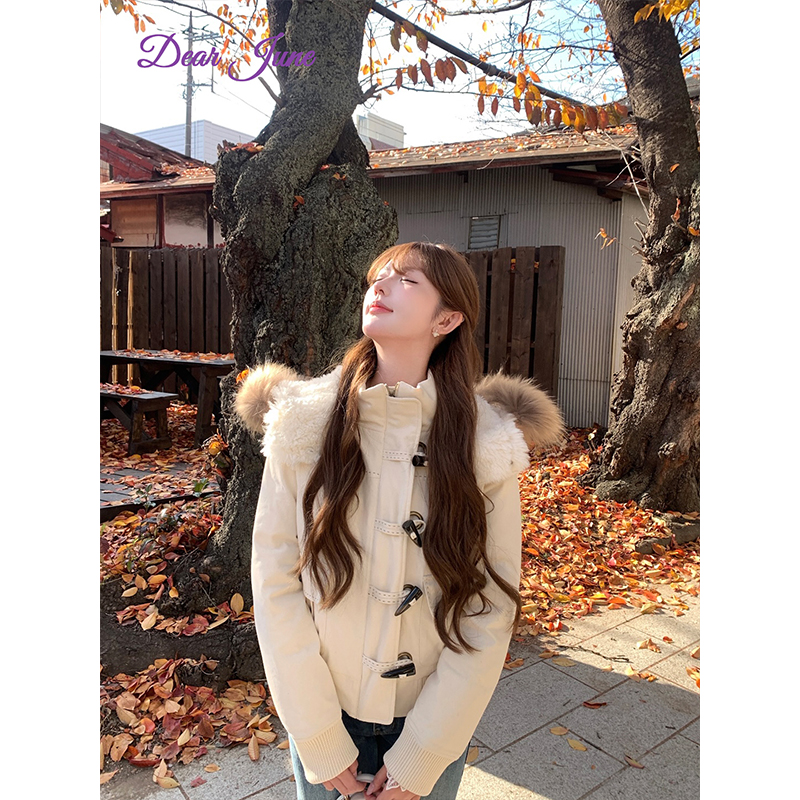 DearJune 韩系保暖日常毛领连帽羽绒棉服外套短款小个子古早感ins