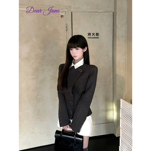 DearJune 韩国博主同款清冷千金感复古显瘦收腰短款毛呢外套简约