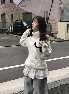 DearJune 韩系慵懒感高领麻花纹理针织上衣露肩设计感纯欲百搭ins