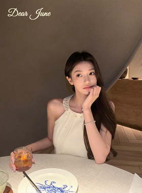 Dear June 黑白两色法式千金风挂脖连衣裙女夏季重工收腰a字裙子