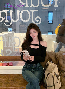 DearJune 韩系性感镂空一字肩挂脖设计感上衣辣妹修身百搭纯欲女