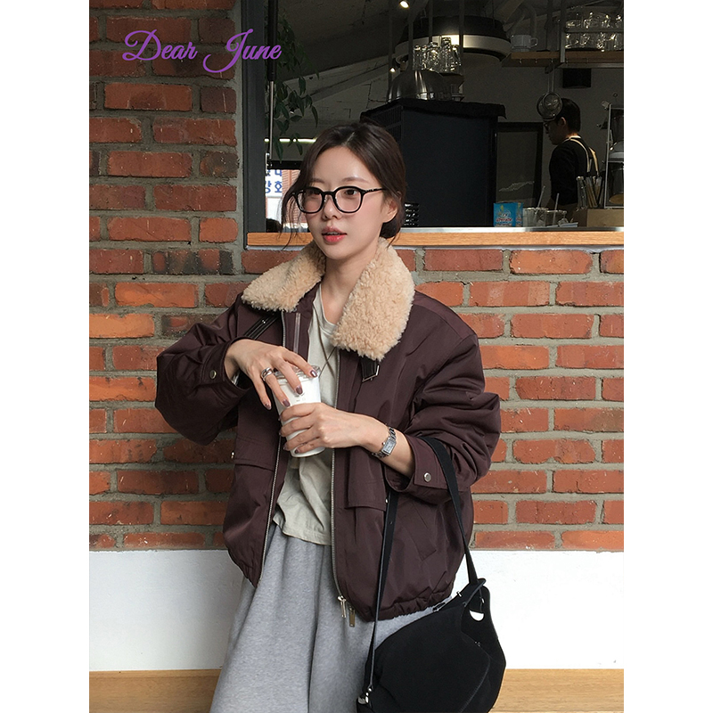 DearJune 韩版时尚通勤穿搭羊羔毛翻领派克服加厚外套宽松潮流女