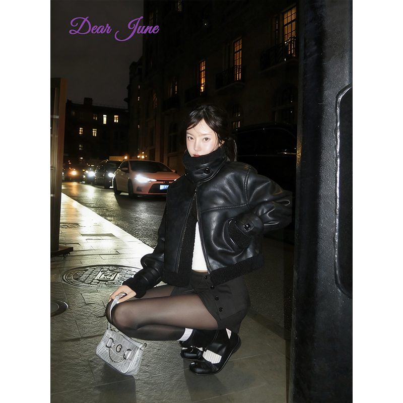 DearJune 韩国博主同款潮酷皮毛一体机车服羊羔毛立领夹克保暖ins