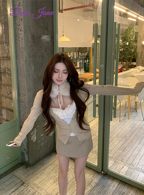 DearJune 韩系纯欲风蕾丝吊带针织开衫上衣毛茸茸毛领设计感潮流