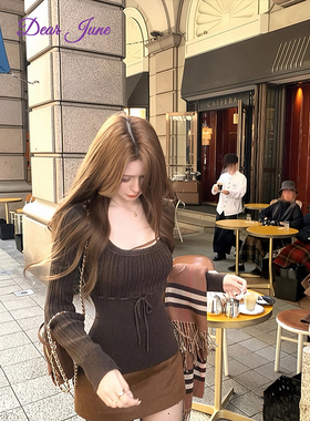 DearJune 韩版纯欲U领系带收腰修身针织上衣性感复古小众设计辣妹