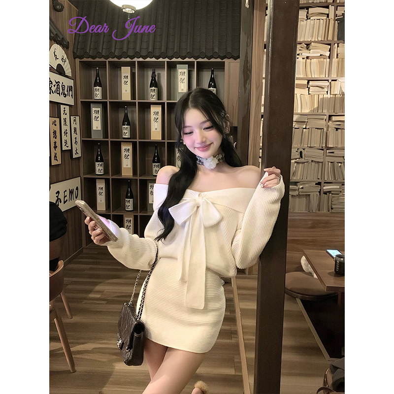 DearJune 韩版温柔约会穿搭一字肩蝴蝶结包臀针织连衣裙纯欲显瘦
