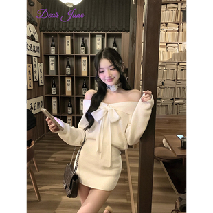 DearJune 韩版温柔约会穿搭一字肩蝴蝶结包臀针织连衣裙纯欲显瘦