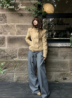 DearJune 韩系卡其色双排扣短外套收腰毛呢立领质感气质休闲时尚