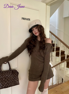 DearJune 韩版日常辣妹咖色斜领抽绳针织连衣裙设计感ins慵懒感