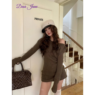 DearJune 日常辣妹咖色斜领抽绳针织连衣裙设计感ins慵懒感 韩版