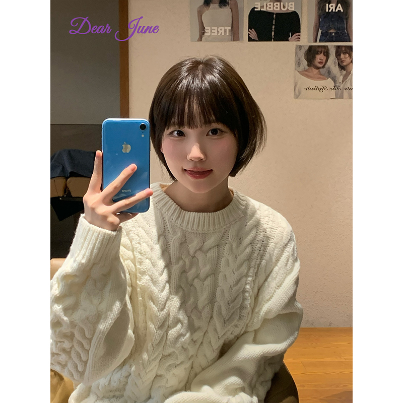 DearJune 韩版日常通勤穿搭软糯麻花纹理针织衫套头百搭宽松简约