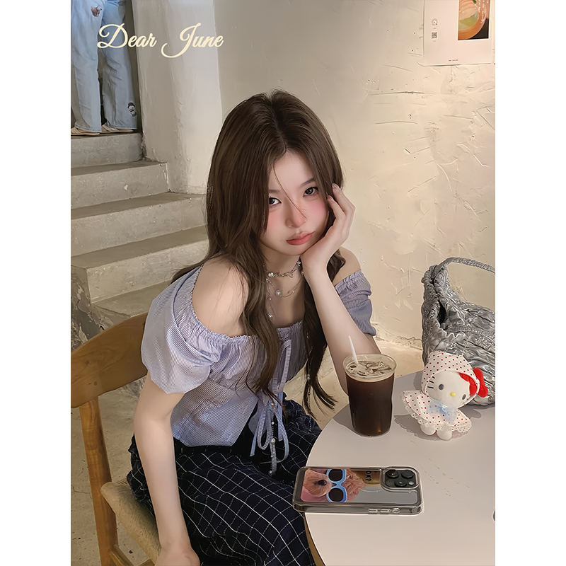 Dear June 韩系一字肩蓝条纹短袖T恤女夏季新款修身显瘦短款上衣