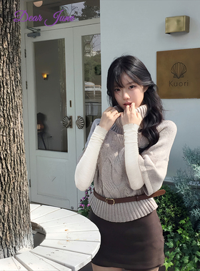 DearJune 韩版古早佳人高领绞花毛衣A字半身裙套装气质宽松清冷感