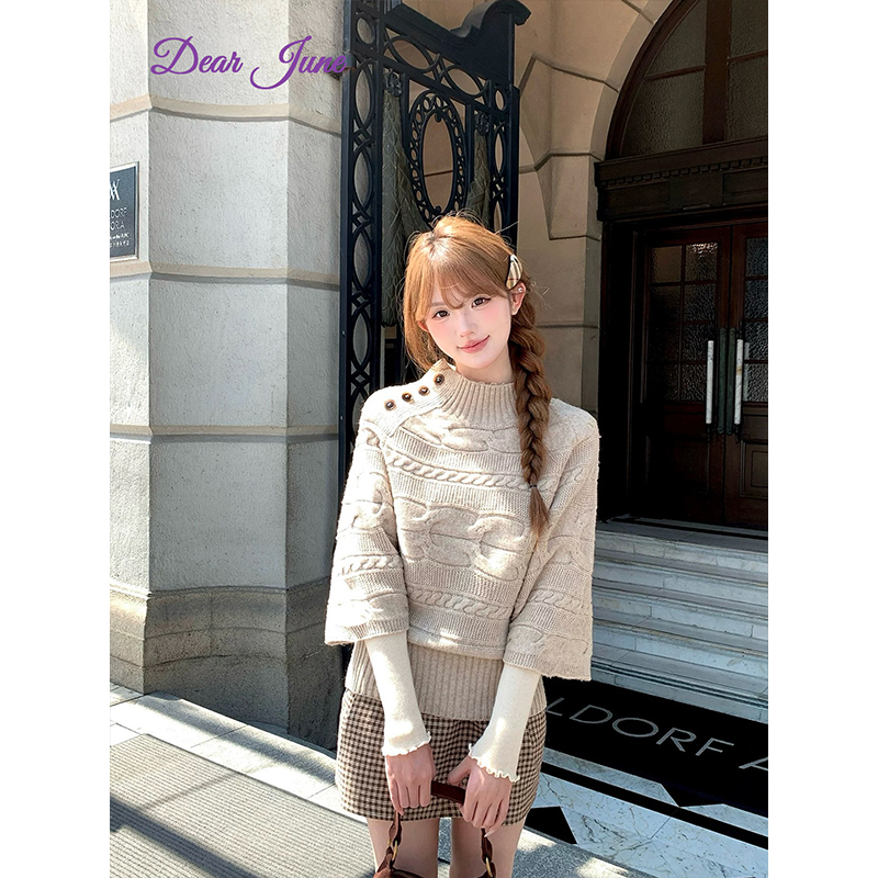 DearJune 韩国博主同款千金感麻花纹理斗篷高领毛衣气质高级chic