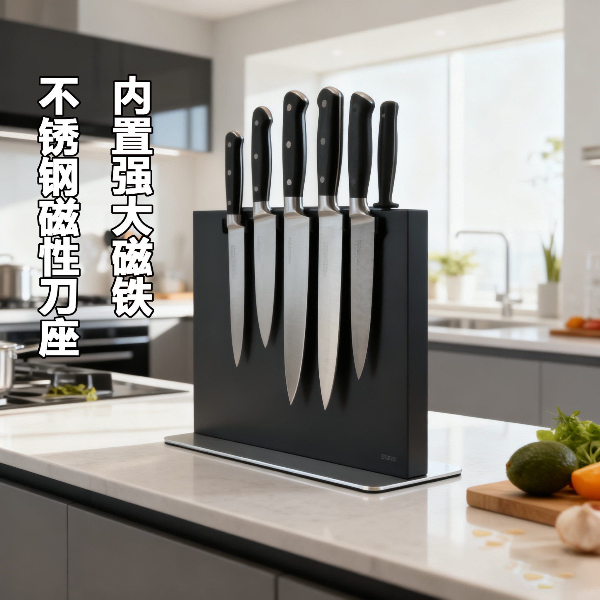 黑色不锈钢磁性刀架厨房收纳图片