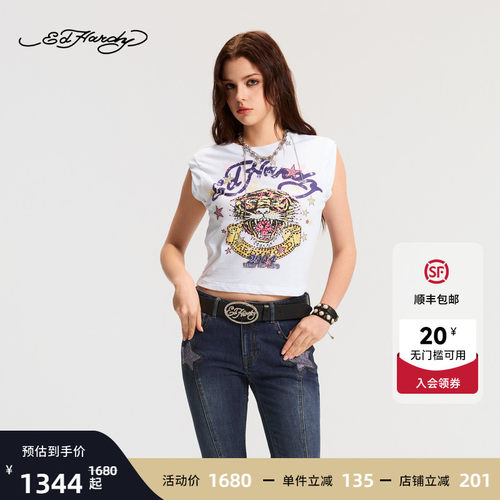 Ed Hardy埃德哈迪2026秋季新款女士无袖烫钻圆领短袖T恤E1SAW217