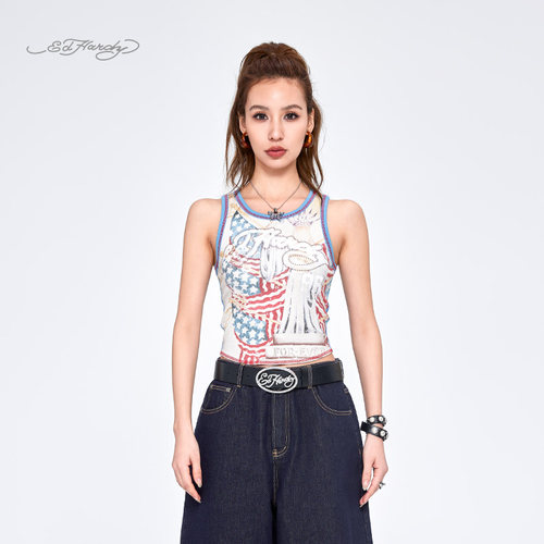 【金靖同款】Ed Hardy埃德哈迪2025夏季女士烫片印花辣妹紧身背心