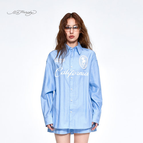 Ed Hardy埃德哈迪2025夏季新款蕾丝绣标复古条纹女士衬衫