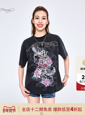 Ed Hardy埃德哈迪夏季流行新款黑色女士针织宽松圆领短袖T恤