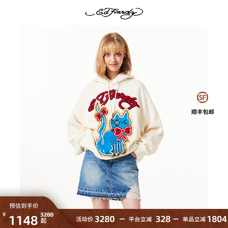 蓝色小猫咪logo长袖套头卫衣女